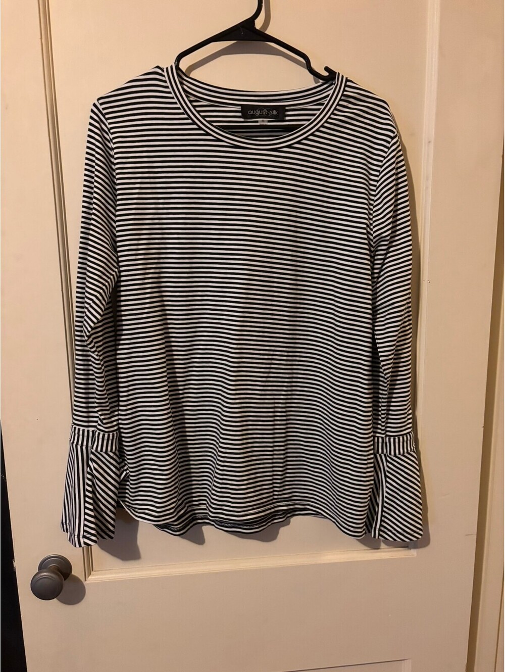 August Silk Black and White Striped Long Sleeve Top with Sleeve Ties
